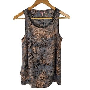Juicy Couture XS Sleeveless Top Beaded Neckline Gray Brown Abstract Blouse